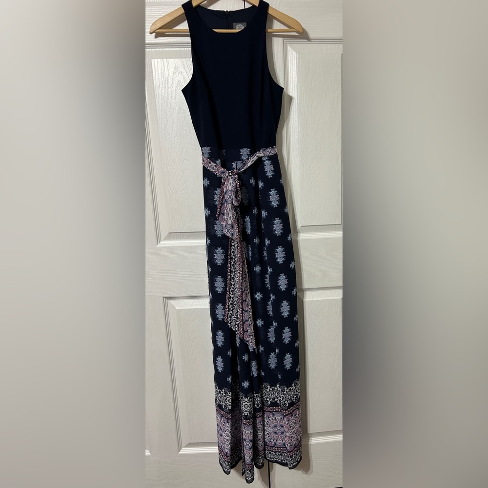 Vince Camuto Navy Blue Floral Jumpsuit Wide Leg Belted Pockets Women’s Size 2
